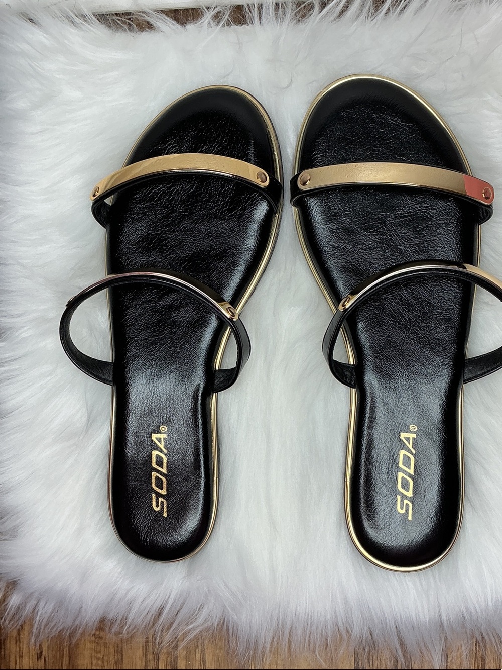 SODA Women's Black Slide Sandals with Gold Trim